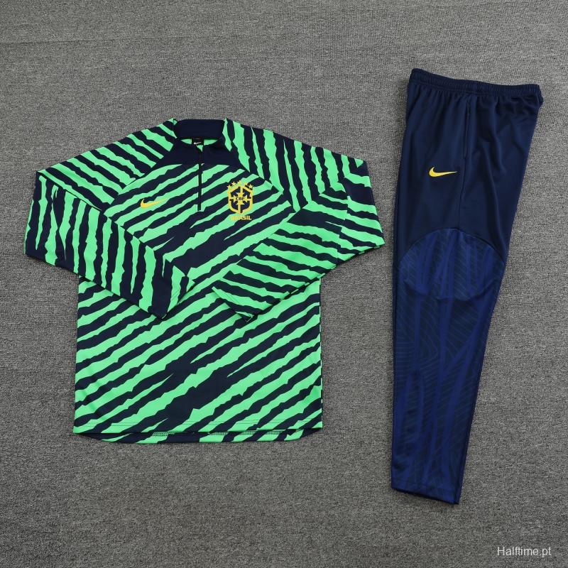 2022 Brazil Green Stripe Half Zipper Tracksuit