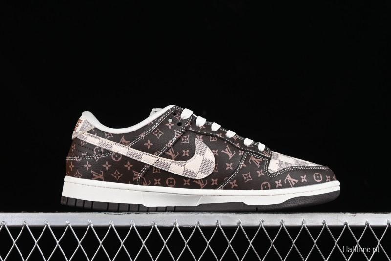 Nike SB Dunk Low LV Collaboration - Checkerboard Brown Monogram White Swoosh Anniversary High-End Custom Low-Top Casual Skate Shoes - SJ2068-255