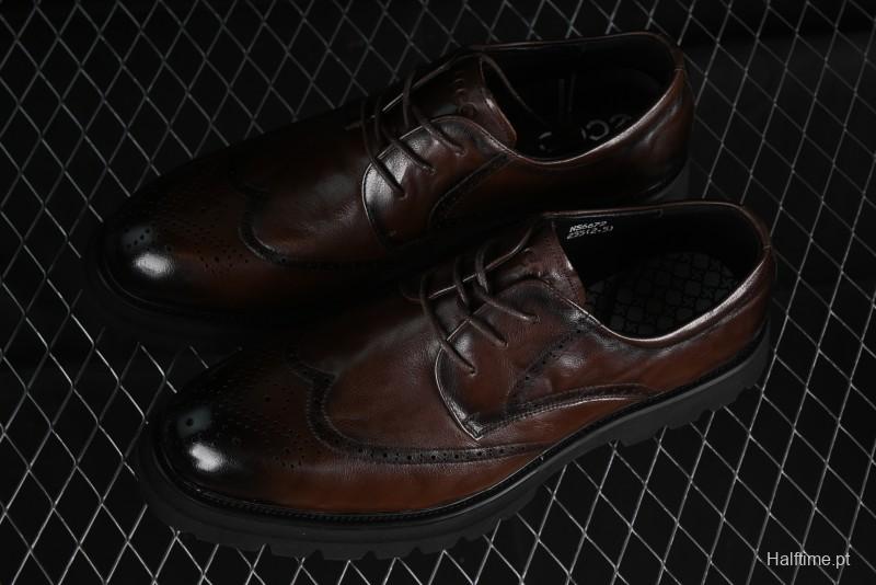 ECCO Block Derby Round Toe Genuine Leather Brogue Dress Shoes - 63667201002