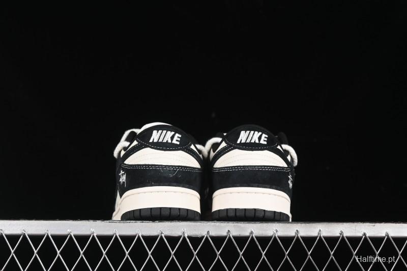 Nike SB Dunk Low Stussy Collaboration - White Embroidery Black Swoosh Anniversary Custom Low-Top Casual Sneakers - SJ2068-311