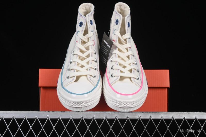 Converse Chuck 1970s High Top Casual Sneakers with Star Stitching and White-Pink-Blue Mismatched Design - A15744C