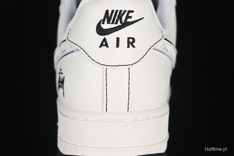 Nike Air Force 1 '07 Low Stussy Collaboration Beige Black Floral Swoosh Casual Sneakers - HH7518-040