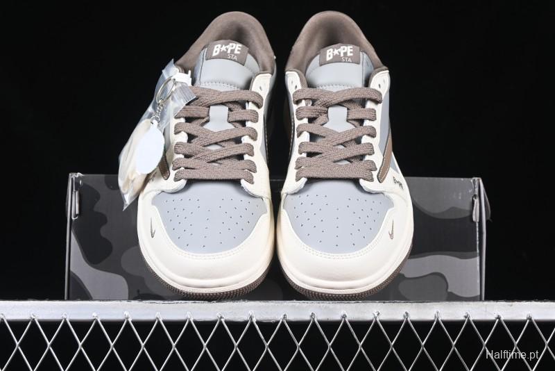 Nike Travis Scott x Fragment Design x Air Jordan 1 Low OG SP AJ1 Bape Collaboration Tea Brown Low-Top Casual Sneakers - BB6511-627
